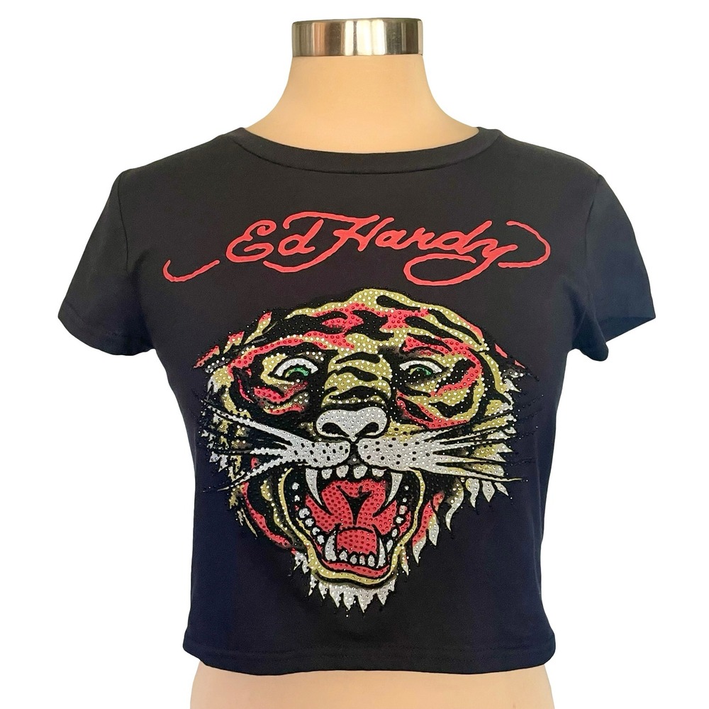 Ed Hardy Y2K Rhinestone Tiger Graphic Crop Top Black Womens Sz S/M (kids XL)‎